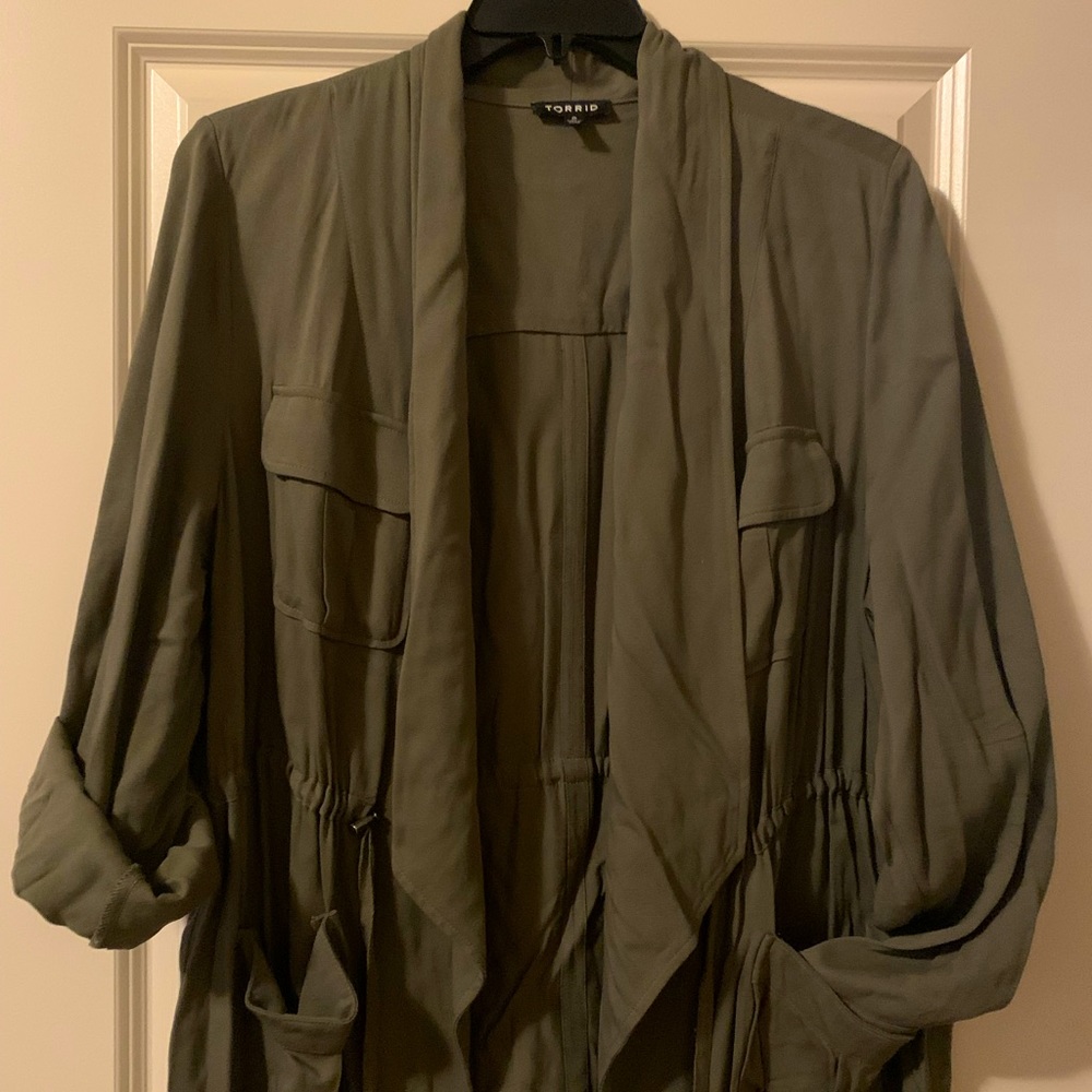 Torrid size 2 Olive green jacket with tie-waist.